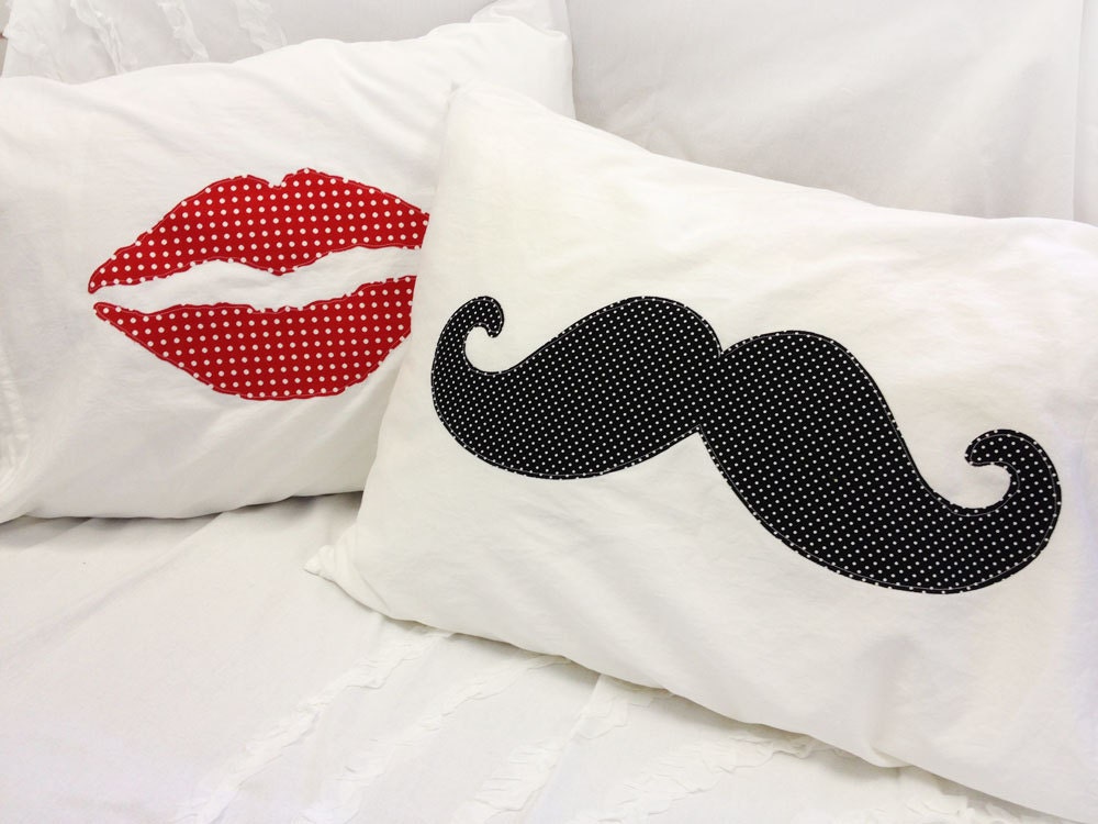 His and Hers Lips and Mustache Pillow Cases Pair