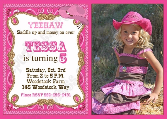 DIY Cowgirl Printable Birthday Party Photo Invitation by Cupcake Express pink brown western Il_570xn