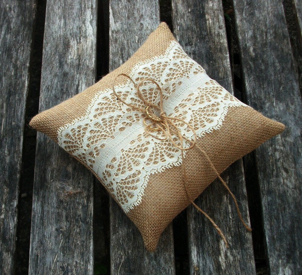 Burlap/Hessian Wedding Ring Bearer Pillow/Cushion with