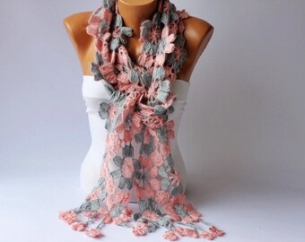Crochet scarf long scarf ,woman scarf, gift,pink and gray