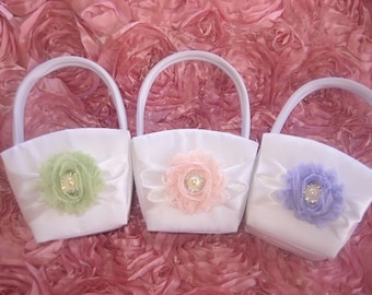 Sale Shabby Flower Girl Basket Ivory or White with Blush Pink Flower other colors Wedding Basket