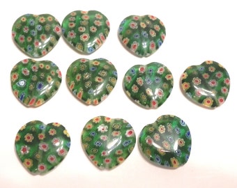 New 10 Valentine's Green Flowers Millefiori Thousand Flowers Glass Heart Beads 20mm