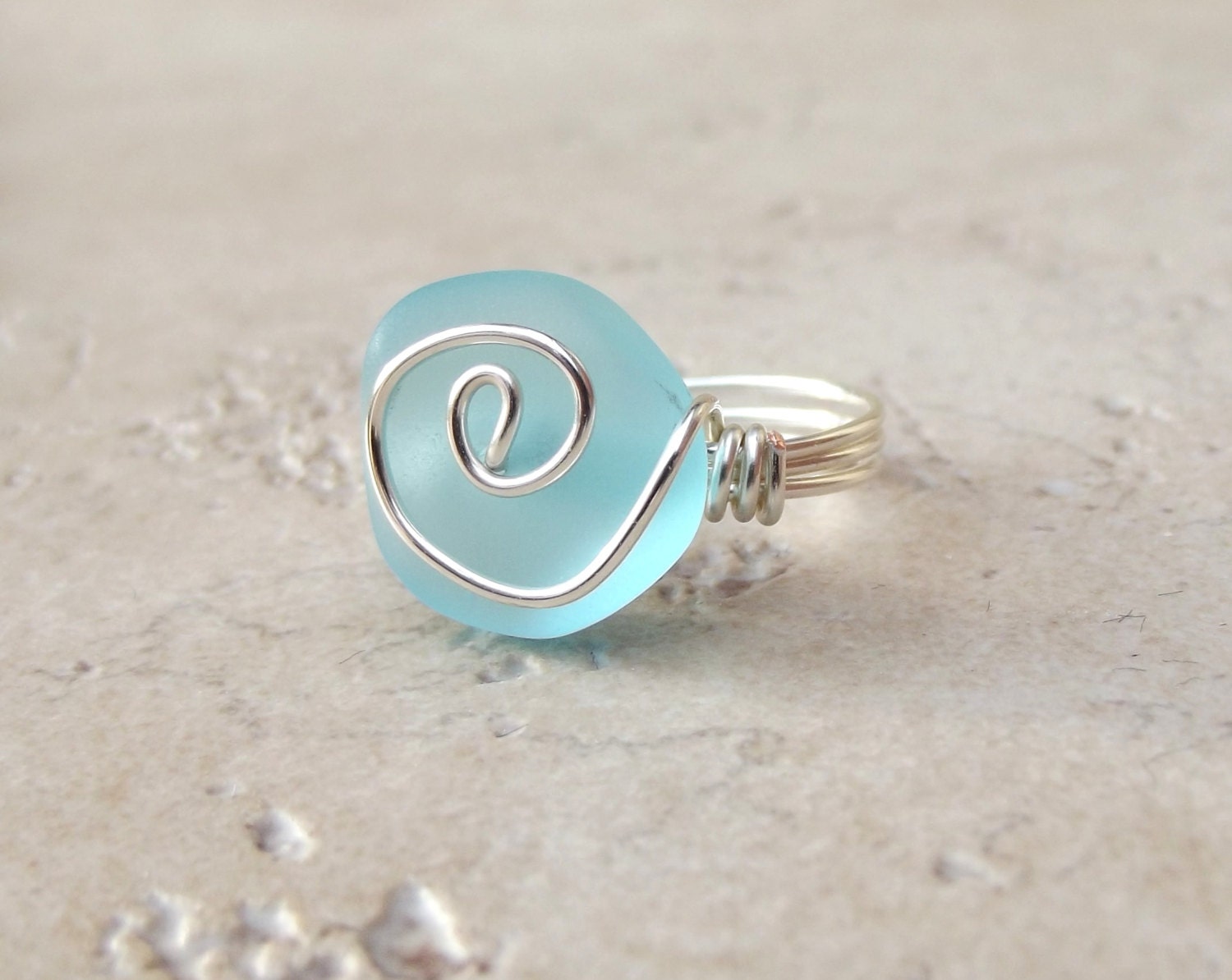 Ocean Blue Sea Glass Ring Silver Wire Wrapped Turquoise Blue