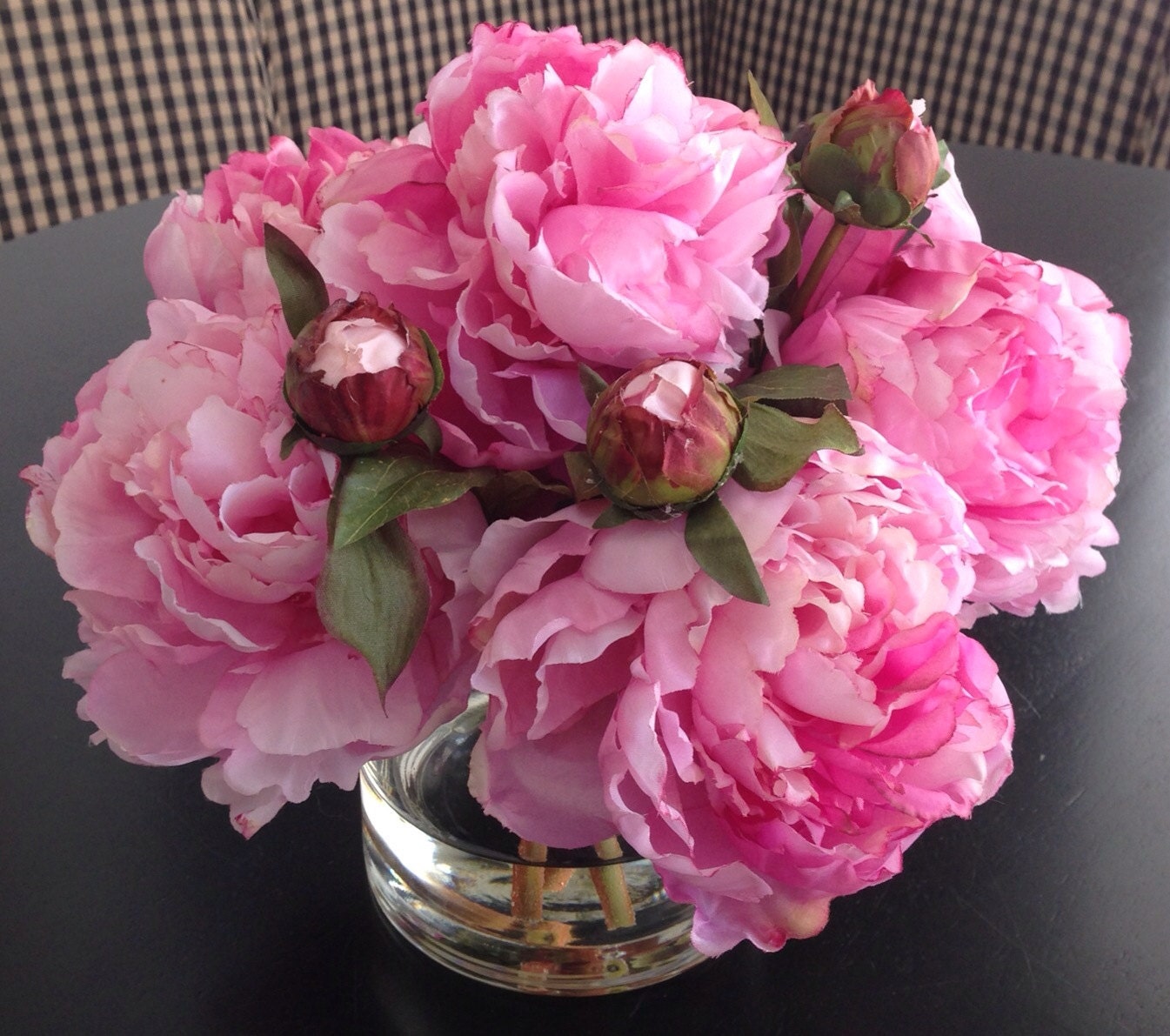 Fine Silk Floral Arrangement Faux Pink Peonies In Round Vase