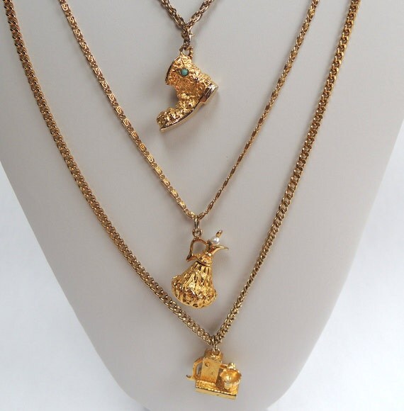 Vintage Goldette Triple Strand Charm Necklace Gold Tone Boot