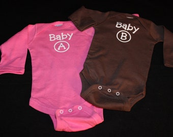 Twin Onesies - Baby A Baby B - Your Choice Of Color Combination