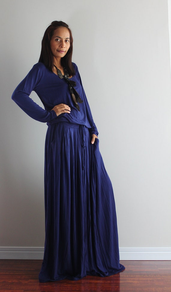 Navy Blue Maxi Dress - Dark Blue Long Sleeve Dress : Autumn Thrills ...