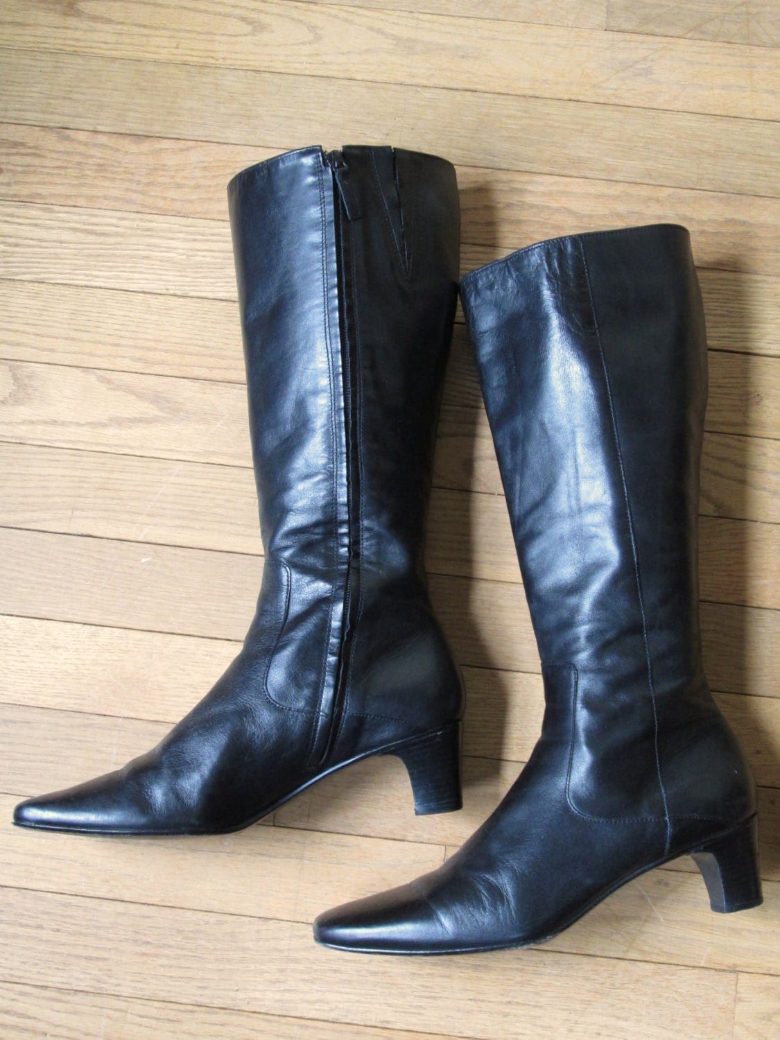 Black Leather Boots Vintage 90s tall high boots stacked heels elegant ...