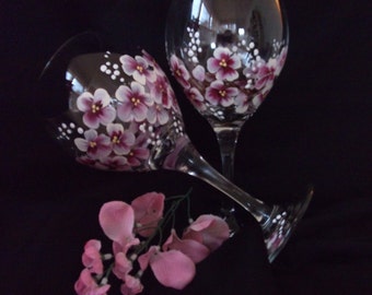 Cherry Blossom Red Wine Hand Painted Wine Glasses/ Stemware