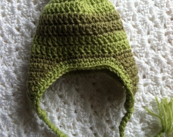 Crochet Hat with Earflaps, Green Stripe Hat, Crochet Hat with Pompon, New Baby Hat, Newborn Hat, Stripe Baby Hat, Hat with Earflaps