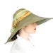 Vintage Extra Large Woven Straw Hat . Olive Green with Sage & Yellow Scarf