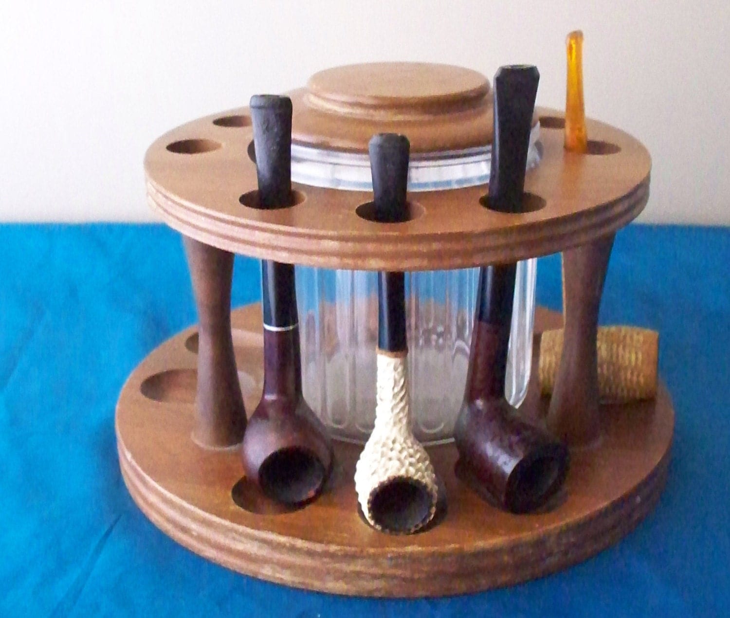 Tobacco Humidor With 9 Pipe Holder Stand Glass Insert Walnut