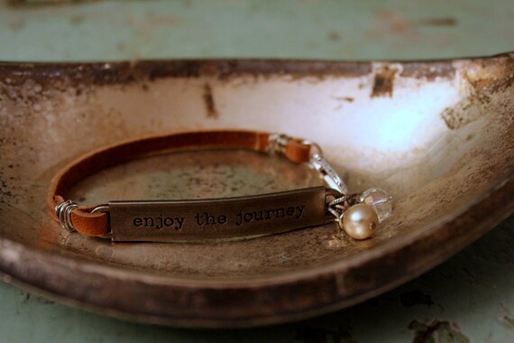 Leather Bracelet Stamped Quote "Enjoy the Journey" with Crystal and Pearl