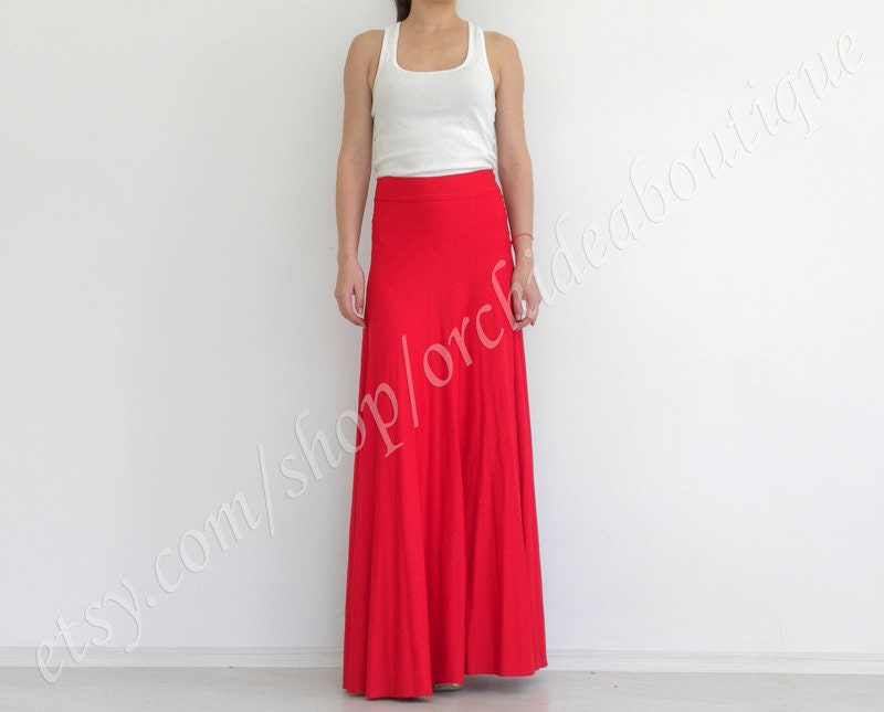 Red Maxi skirt with elastic waist band summer by orchideaboutique