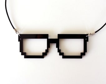 Pixel Nerd Glasses Frame Necklace, Geek Gamer Jewelry, in Black Acrylic