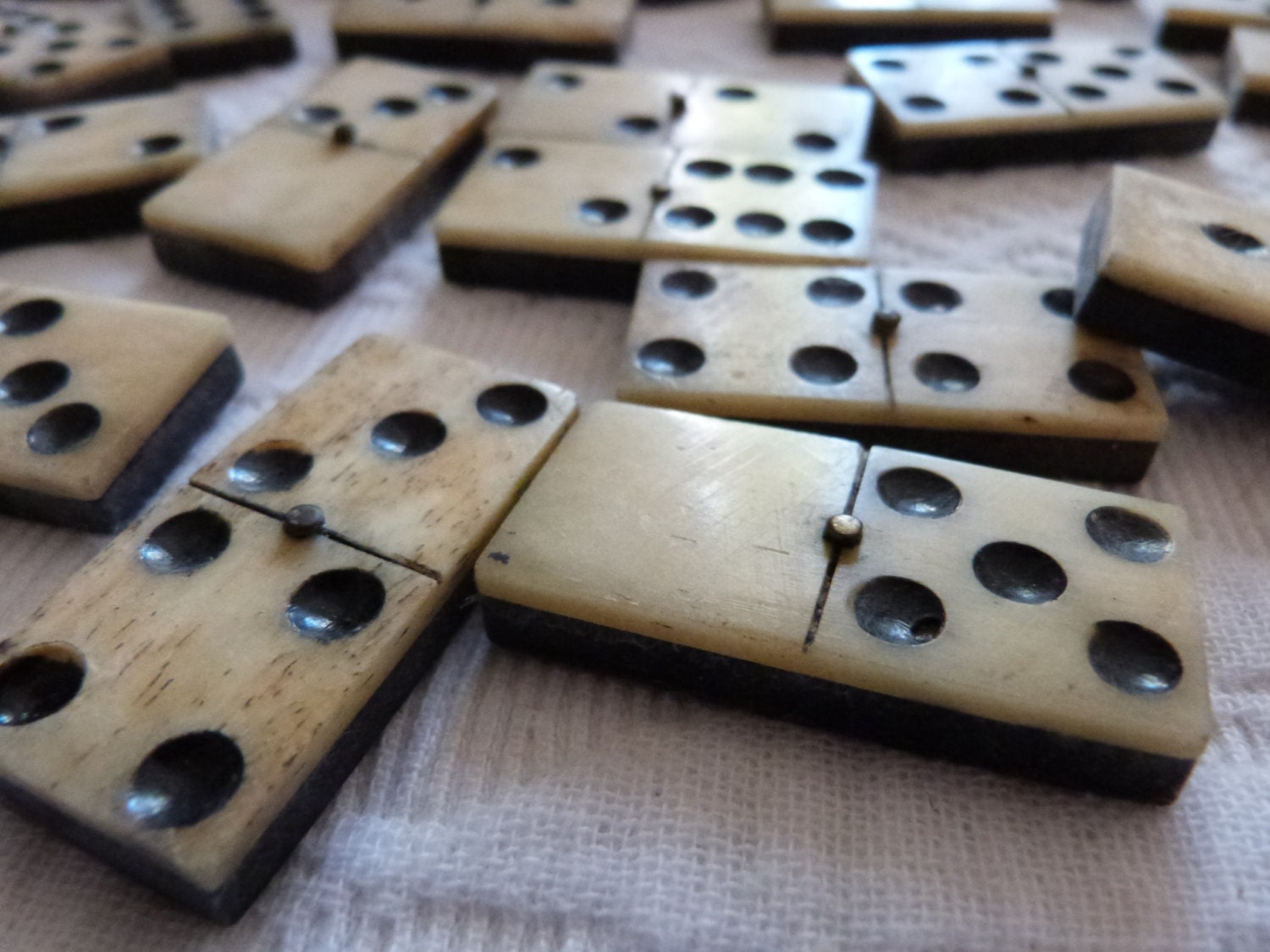 Antique French Ivory Ebony Domino Set 1800s Vintage Domino