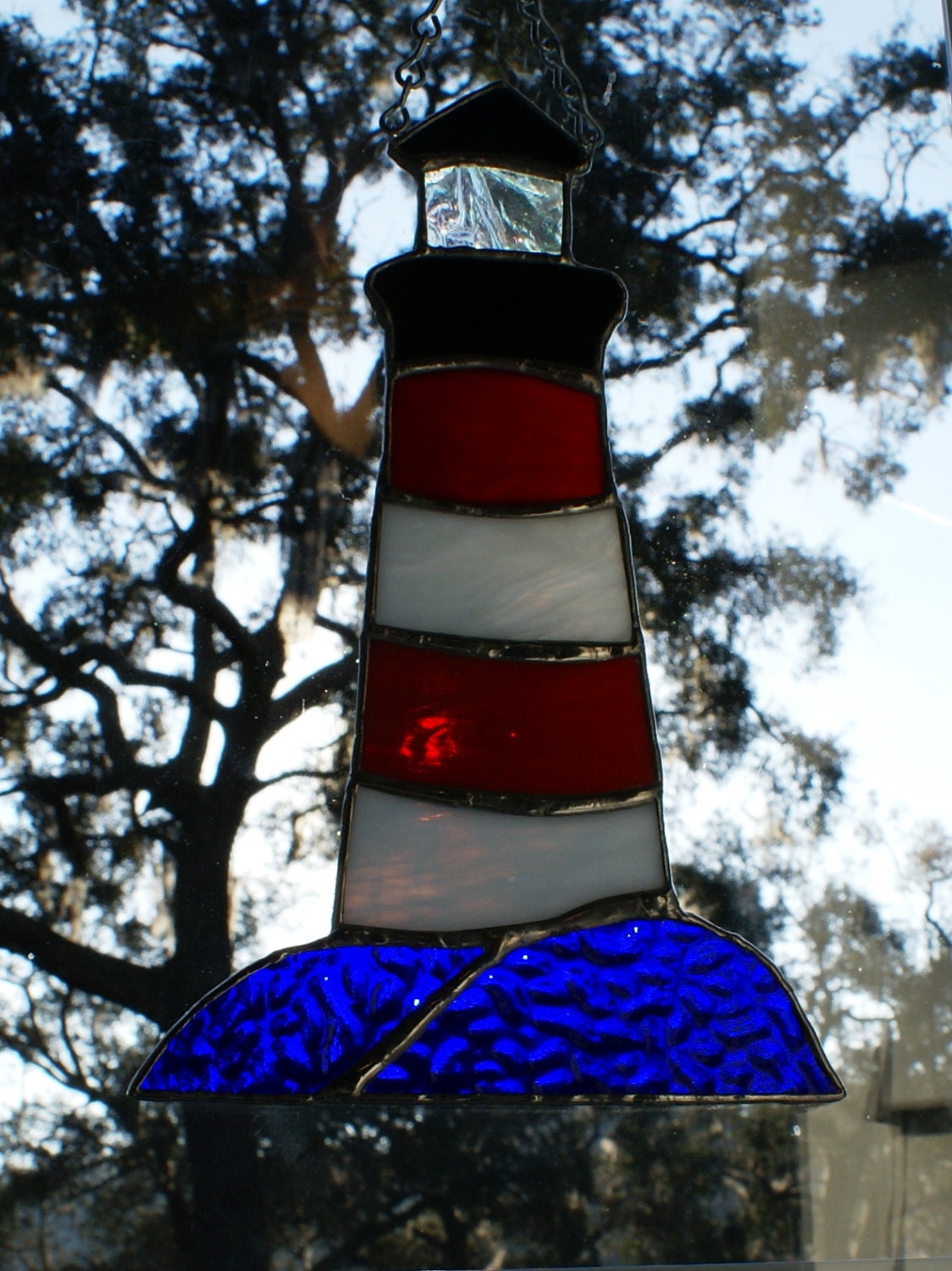 Stained Glass Lighthouse Red And White With Cobalt Blue Base