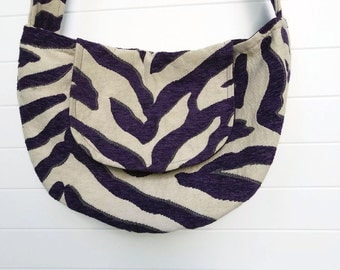 Hippy Bohemian Bag Purse Purple Plum Chenille Animal Stripes Hobo
