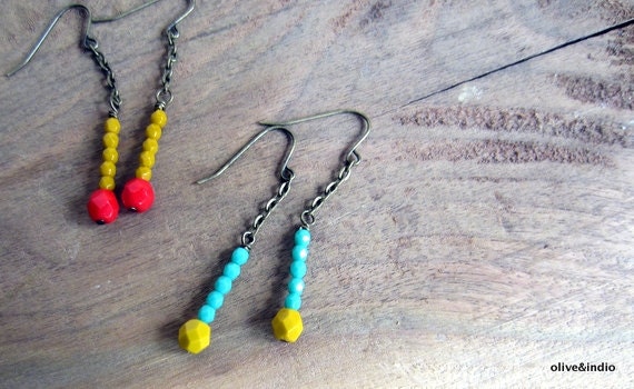 Bright Dangle Matchstick Earrings - Mustard and Turquoise