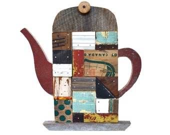 turkish tea pot architectural salvage patchwork vintage wood mosaic large original art by Elizabeth Rosen