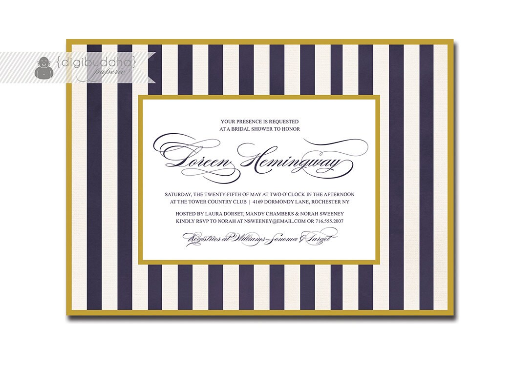 Navy White & Gold Bridal Shower Invitation Striped Formal