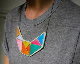 Geometric bib necklace embroidered in mint bright yellow pink blue lavender and orange Summer fashion