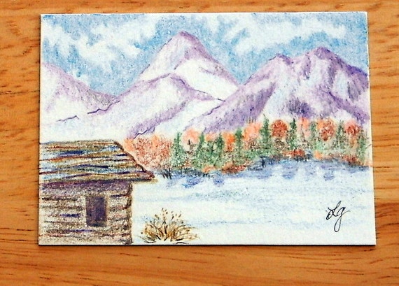 Items similar to Landscape Drawing Mountain Log Cabin
