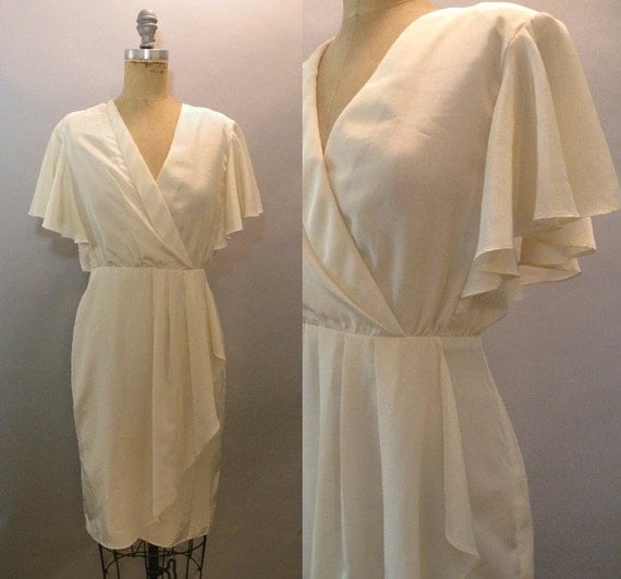 Vintage Short Wedding Dress Off White Cream Dress Waterfall Cascade Dress Knee Length