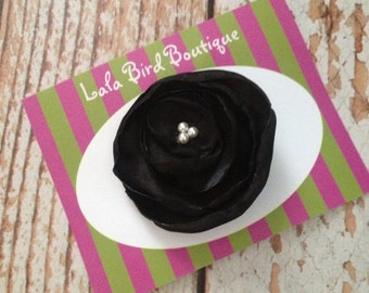 Hairclip - Toddler, Child, Baby - Black Satin Flower with Pearl Center - READY TO SHIP