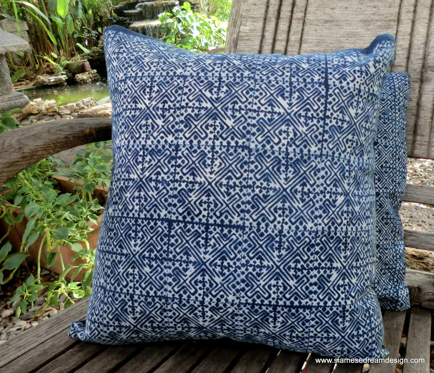 Natural Indigo Batik Hmong Throw Pillow Cushion Cover Double