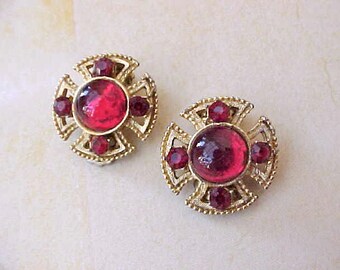 Very Pretty Vintage Clip on Style Earrings with Luminous Red Stones-Renaissance Styling