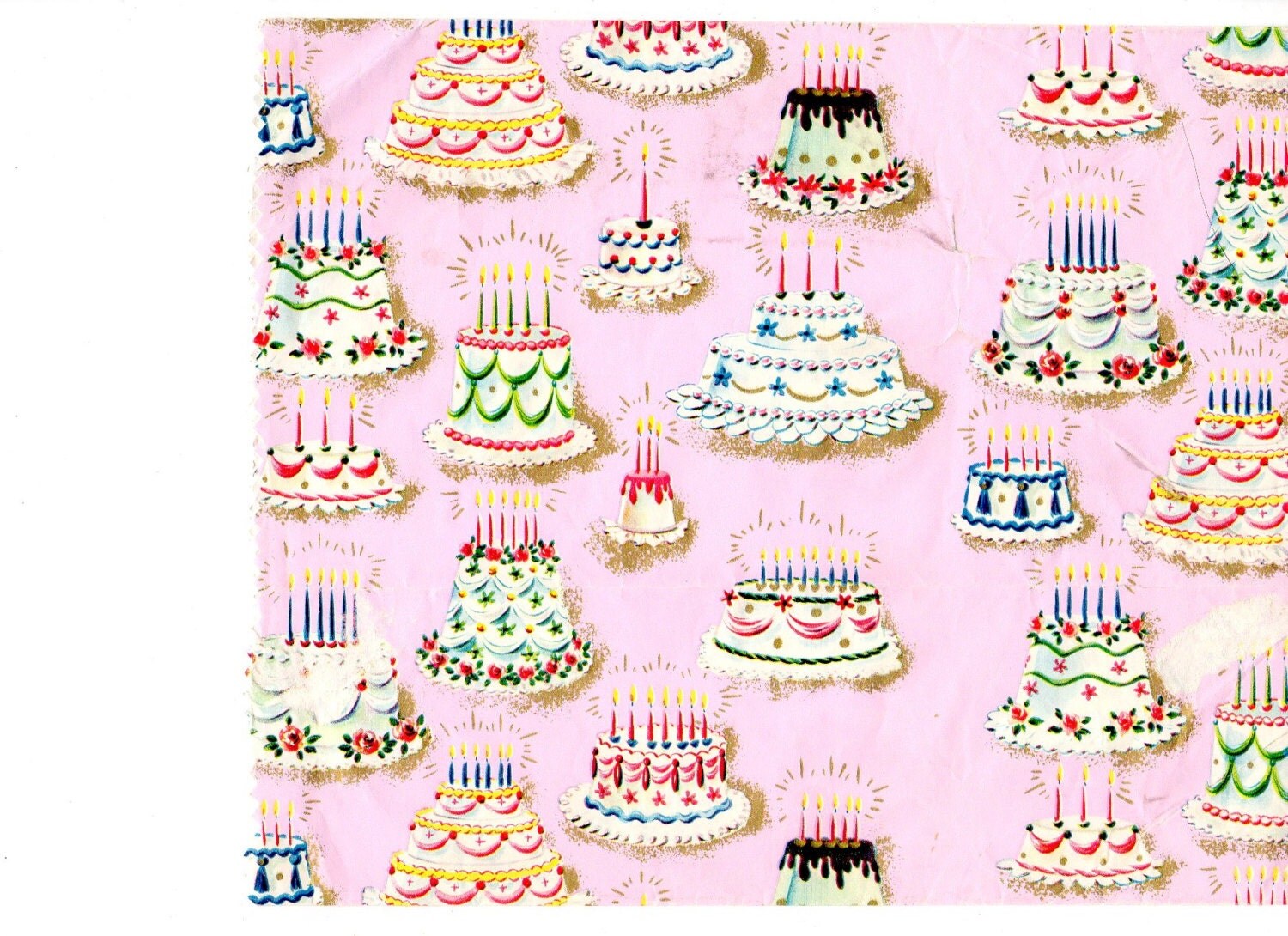 Vintage Birthday Gift Wrap Scrap Wrapping Paper Cakes