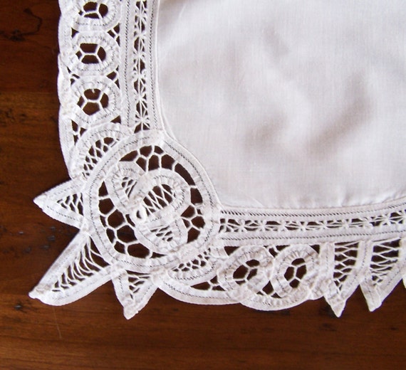 BATTENBURG LACE PLACEMATS A Pair Cotton with Handmade Lace