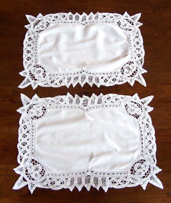 BATTENBURG LACE PLACEMATS A Pair Cotton with Handmade Lace