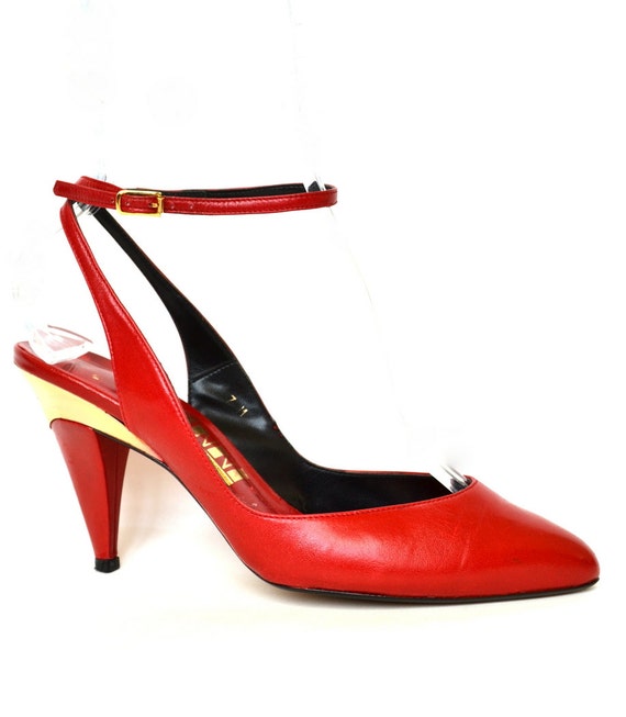 Vintage 80s Ankle Strap Red Leather Pumps 7 Vtg by StarletsVintage