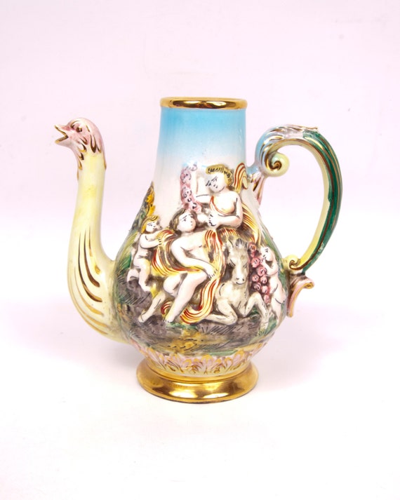 Vintage Capodimonte Ostrich Teapot Porcelain Pitcher Cherubs