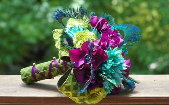 Peacock Feather Bouquet  lime green teal eggplant Victorian Rennaisance