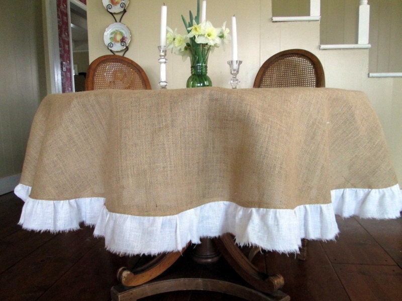 72 Round Burlap Table Cloth With White Torn Linen Ruffle Round Burlap Table Cloth With White Torn Linen Ruffle Zoom