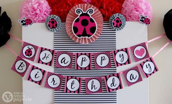 Pink Lady Bug Birthday Party - DIY PRINTABLE Happy Birthday Banner - Instant Download - design by venspaperie - PS815CA2e Il_570xn