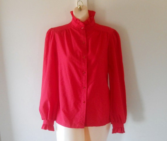 Red Blouse / Ruffle Blouse / High Collar by SecondhandObsession