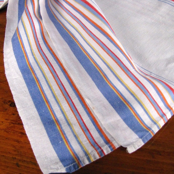 Vintage Linen Towels Kitchen Dish Red Blue Stripe 2 Two Cotton