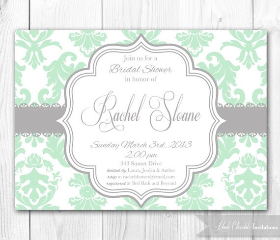 Mint Bridal Shower Invitation - Mint & Gray Damask or Chevron Invite. DIY Printable Bridal Shower Invite or Baby Shower Invitation. Il_570xn