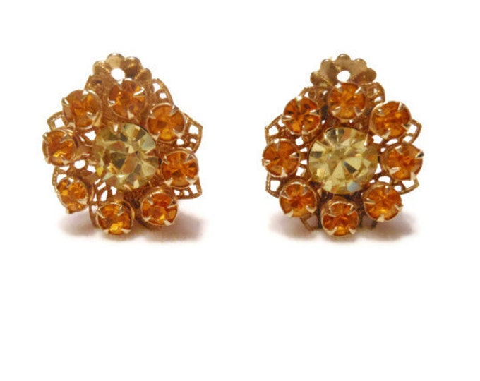 Juliana style earrings, amber and yellow rhinestone prong set clip earrings perfect for wedding or prom