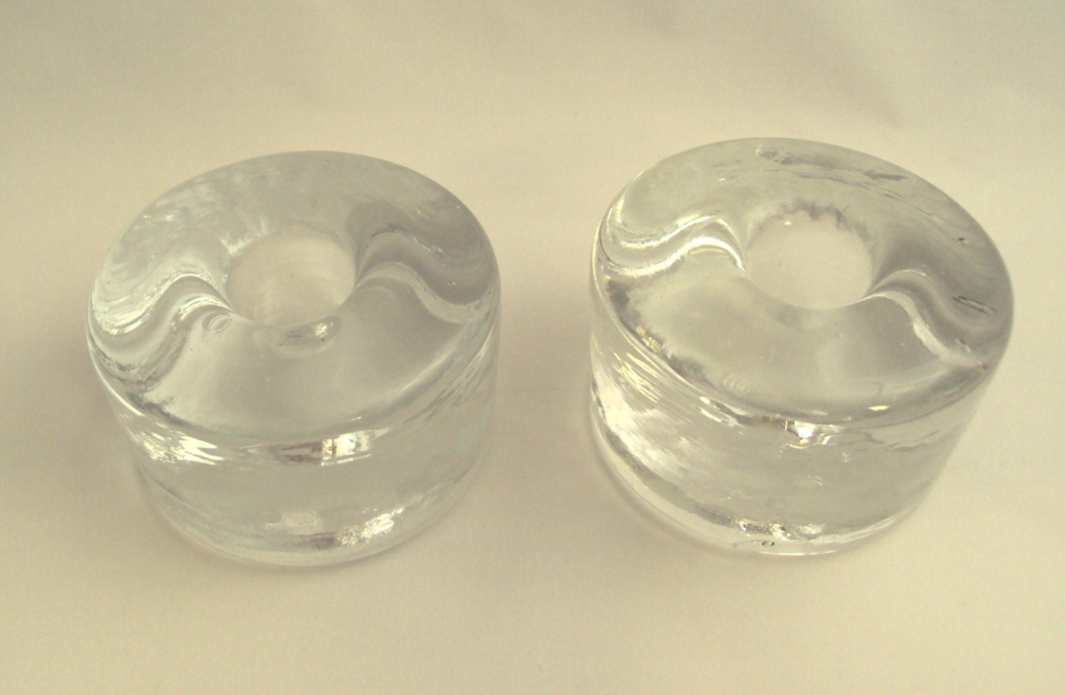 Blenko Glass 990A Pair of Clear Round Ice Block Candle Holders