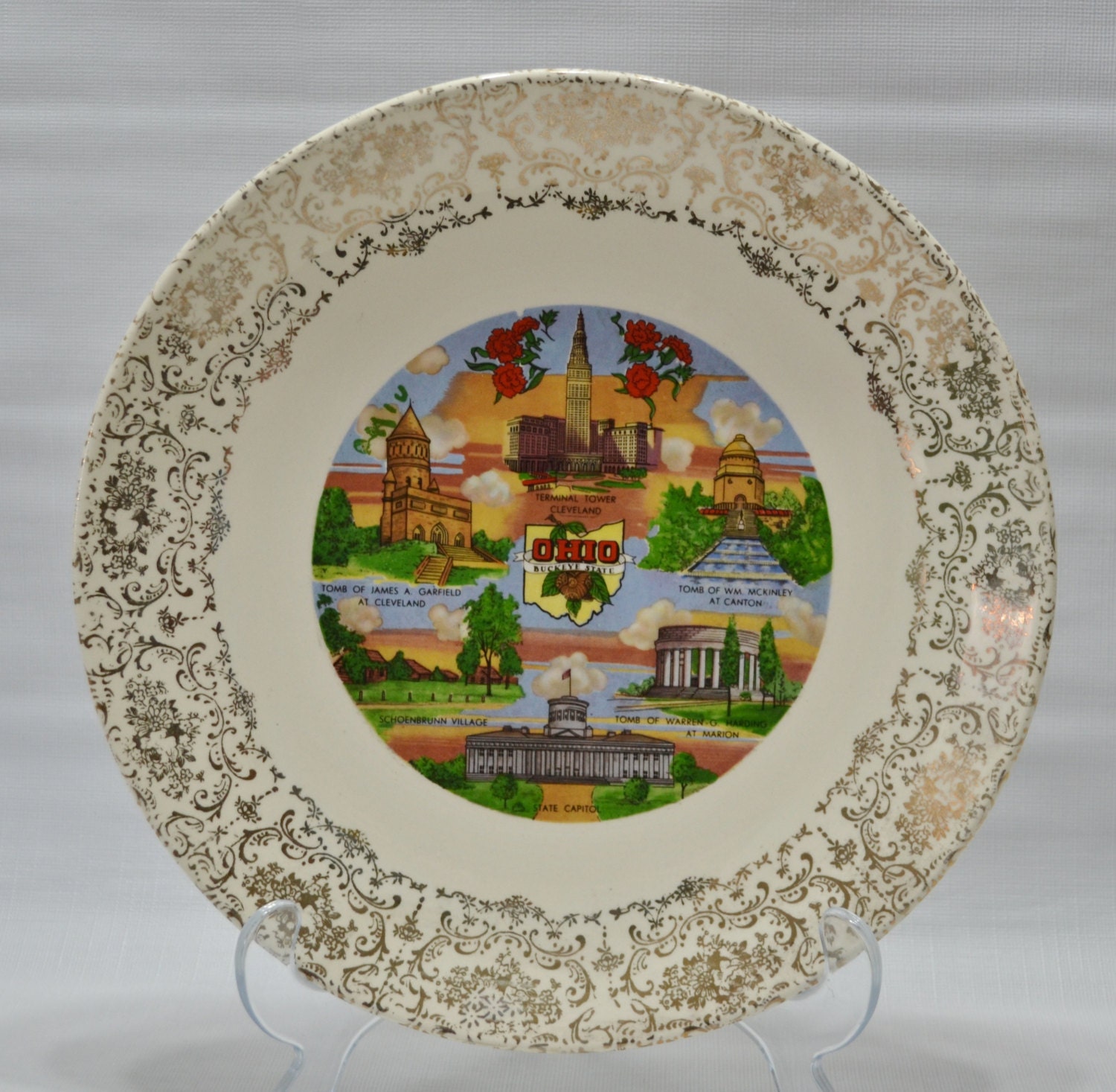 Vintage Ohio State  Souvenir  Plate Gold Trim Buckeyes Wall