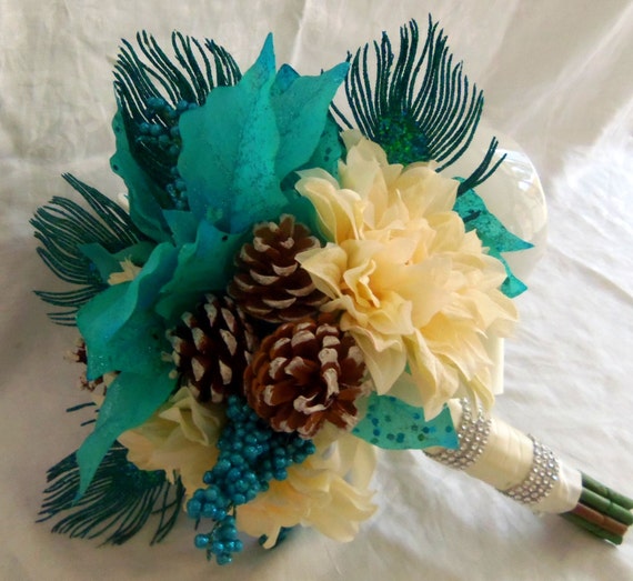 Winter Wedding Bouquet-Peacock Feather Poinsettia by 3Mimis