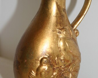 Gold Leaf Vase w Bird Handmade Gilded Vintage Pitcher or Vase 1980's Free Shipping