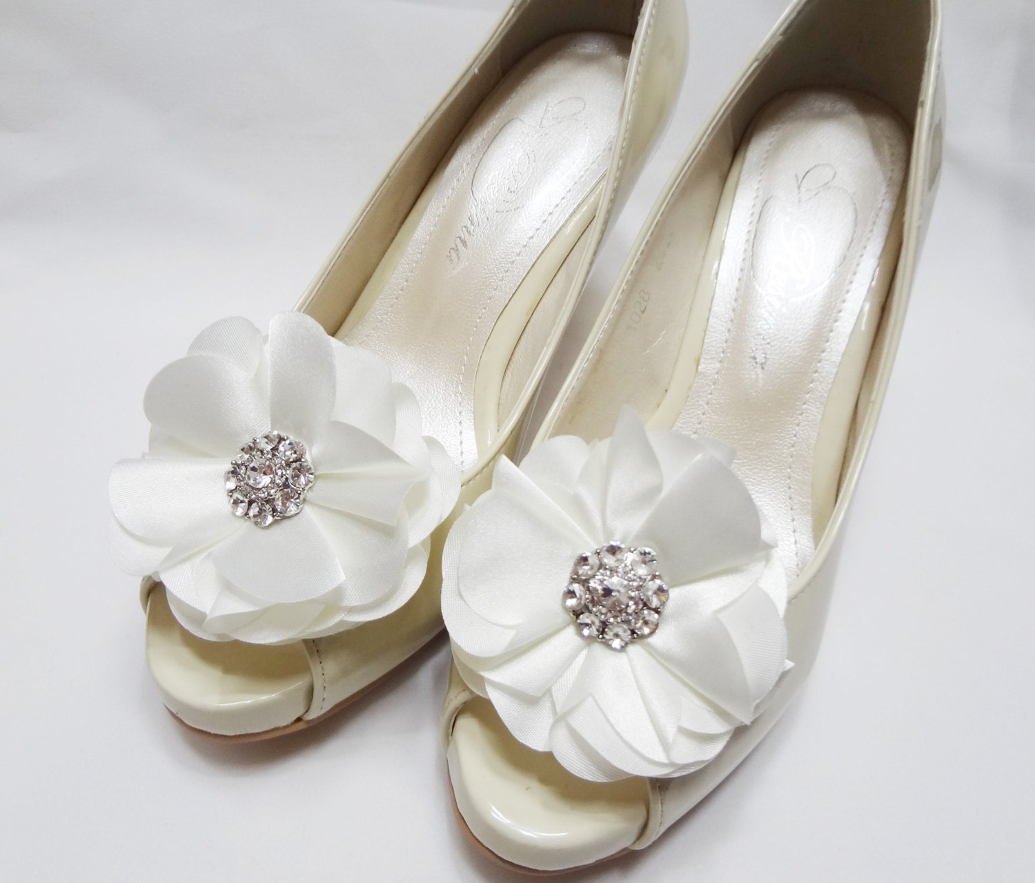 Wedding shoe clips bridal shoe clips white satin bloom shoe