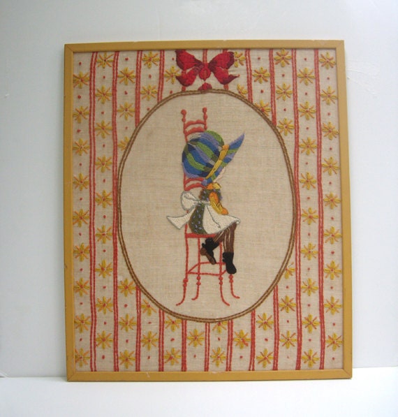 Vintage Needlepoint Holly Hobbie Art Wall Hanging by Modernera