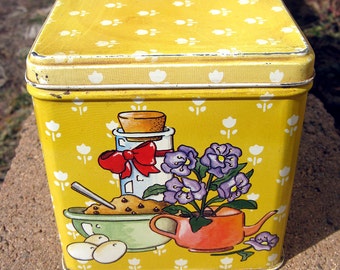 Yellow cookie tin, vintage square food canister with cookie recipe prints, 80s